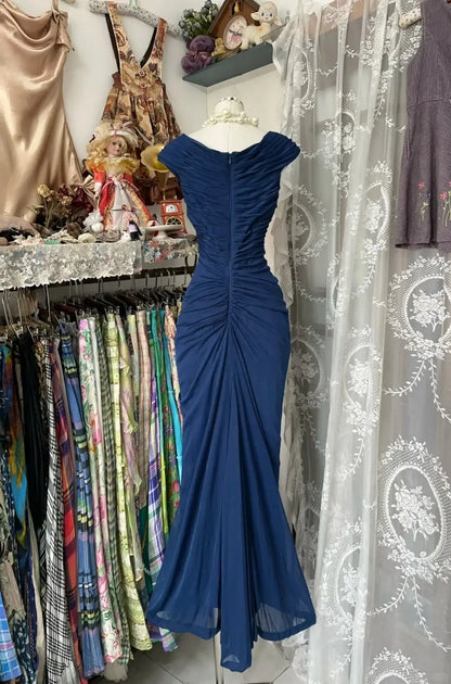 Elegant Ruched V-Neck Cap Sleeve Navy Blue Floor-Length Evening Gown