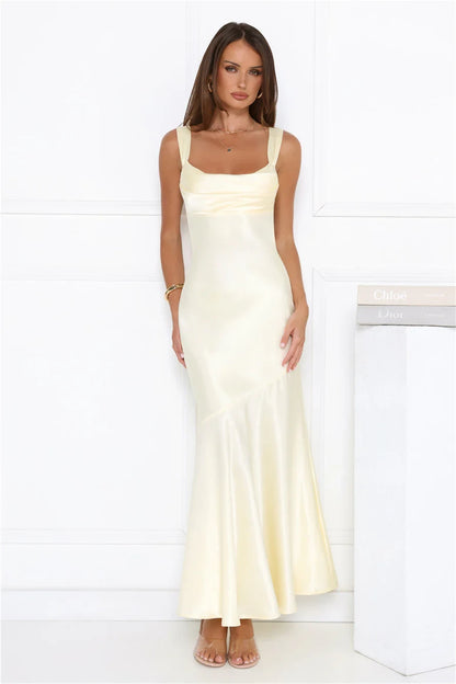 Elegant Sheath Cowl Neck Draped Backless Satin Pale Yellow Floor-Length Prom Dress