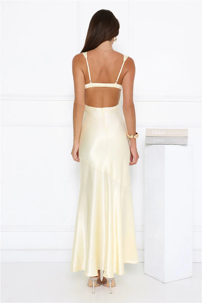 Elegant Sheath Cowl Neck Draped Backless Satin Pale Yellow Floor-Length Prom Dress