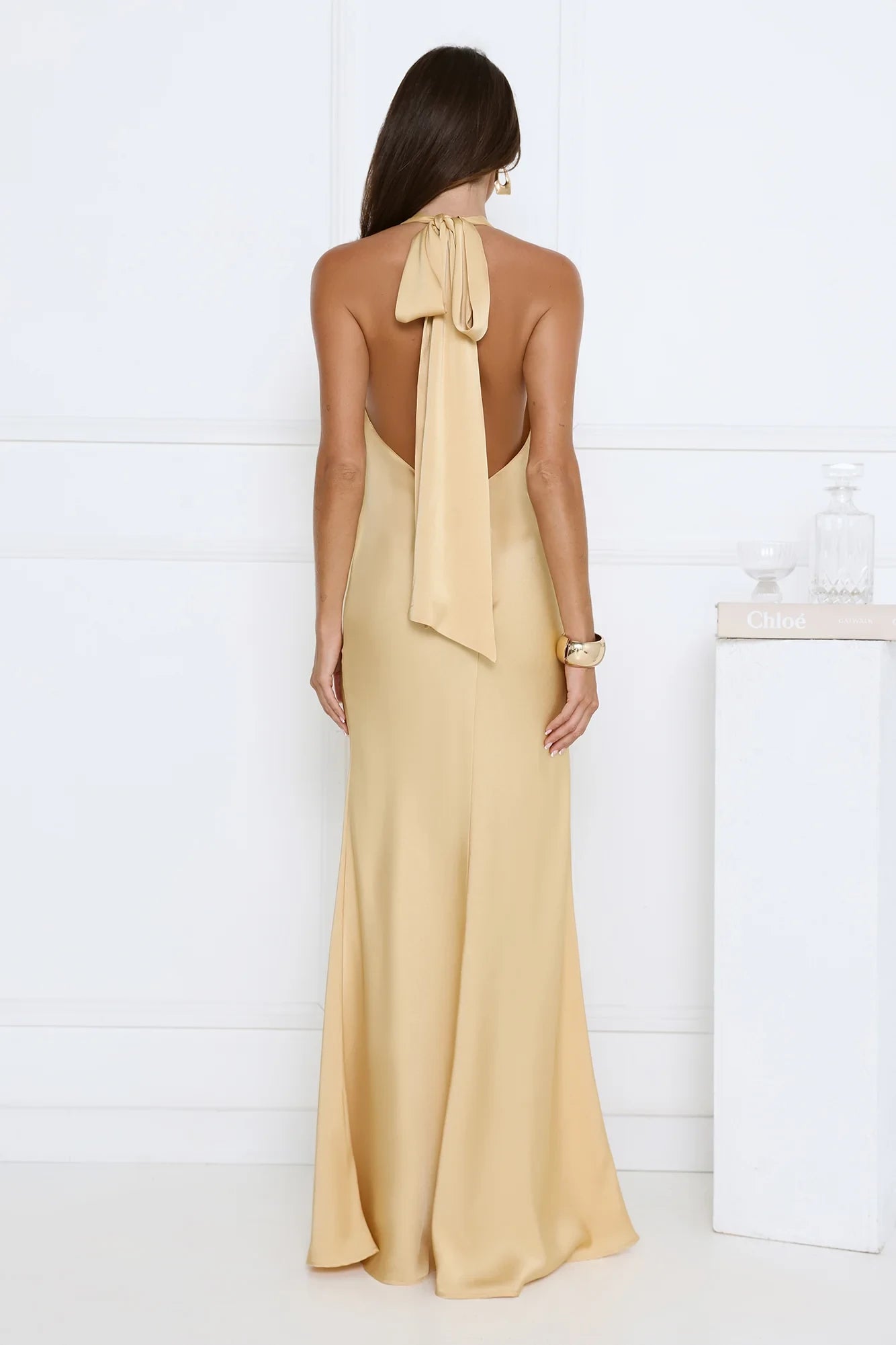 Elegant Sheath Cowl Neck Halter Backless Satin Gold Floor-Length Prom Dress