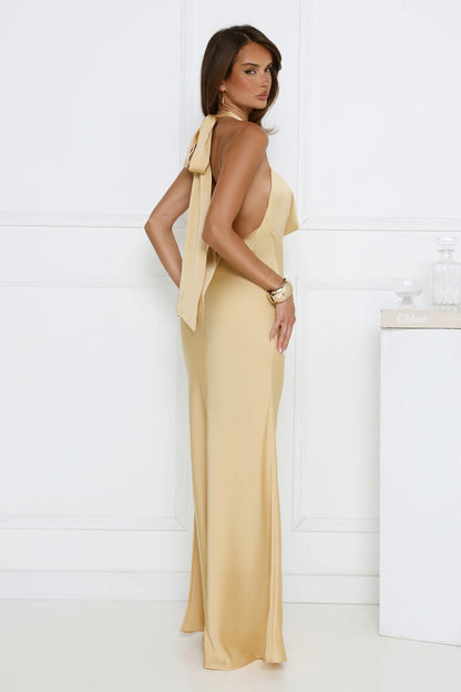 Elegant Sheath Cowl Neck Halter Backless Satin Gold Floor-Length Prom Dress