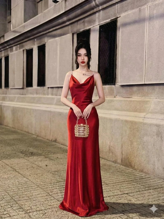 Elegant Sheath Cowl Neck Rhinestone-Strap Ruby Red Floor-Length Prom Dresses