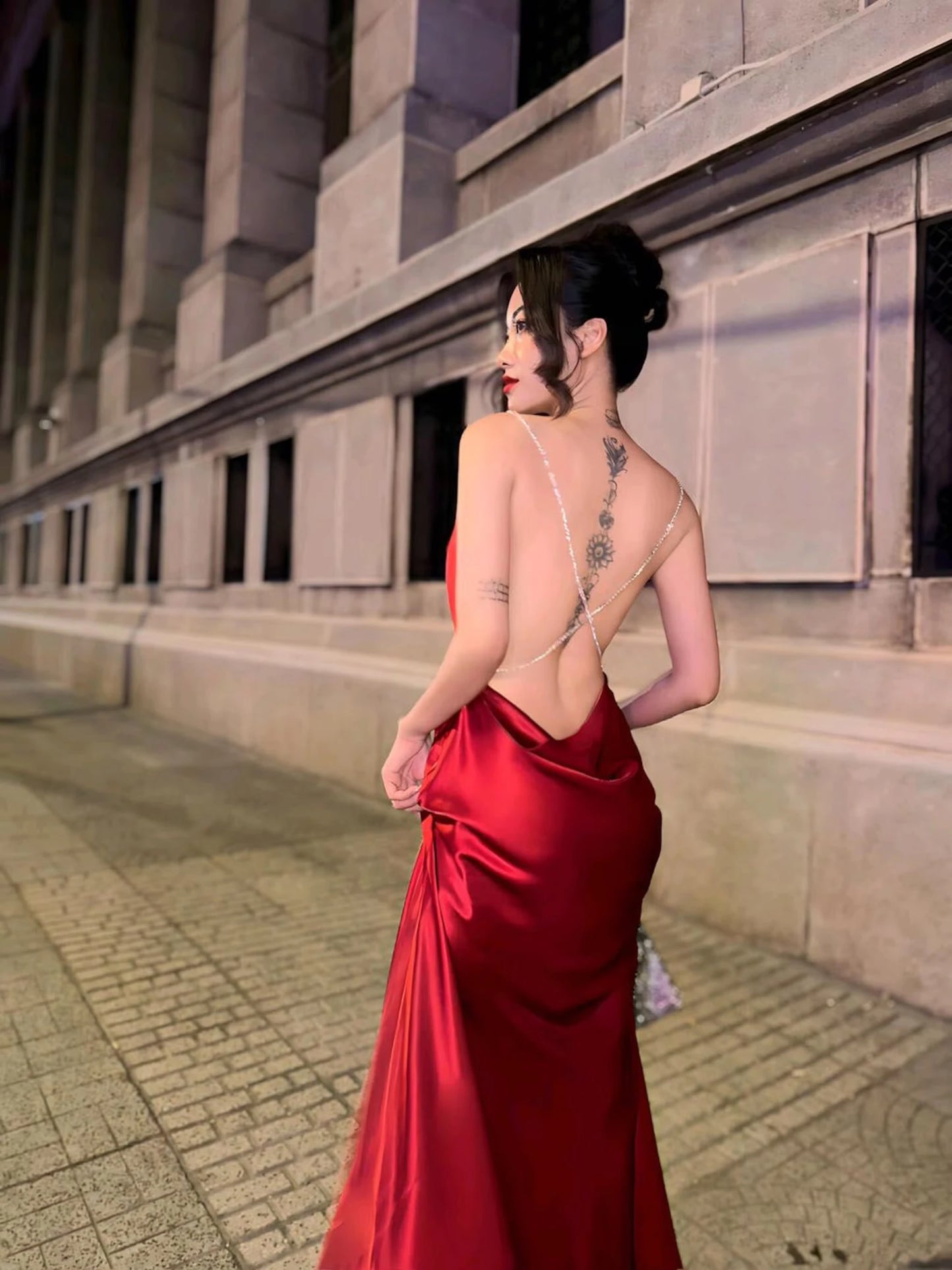 Elegant Sheath Cowl Neck Rhinestone-Strap Ruby Red Floor-Length Prom Dresses