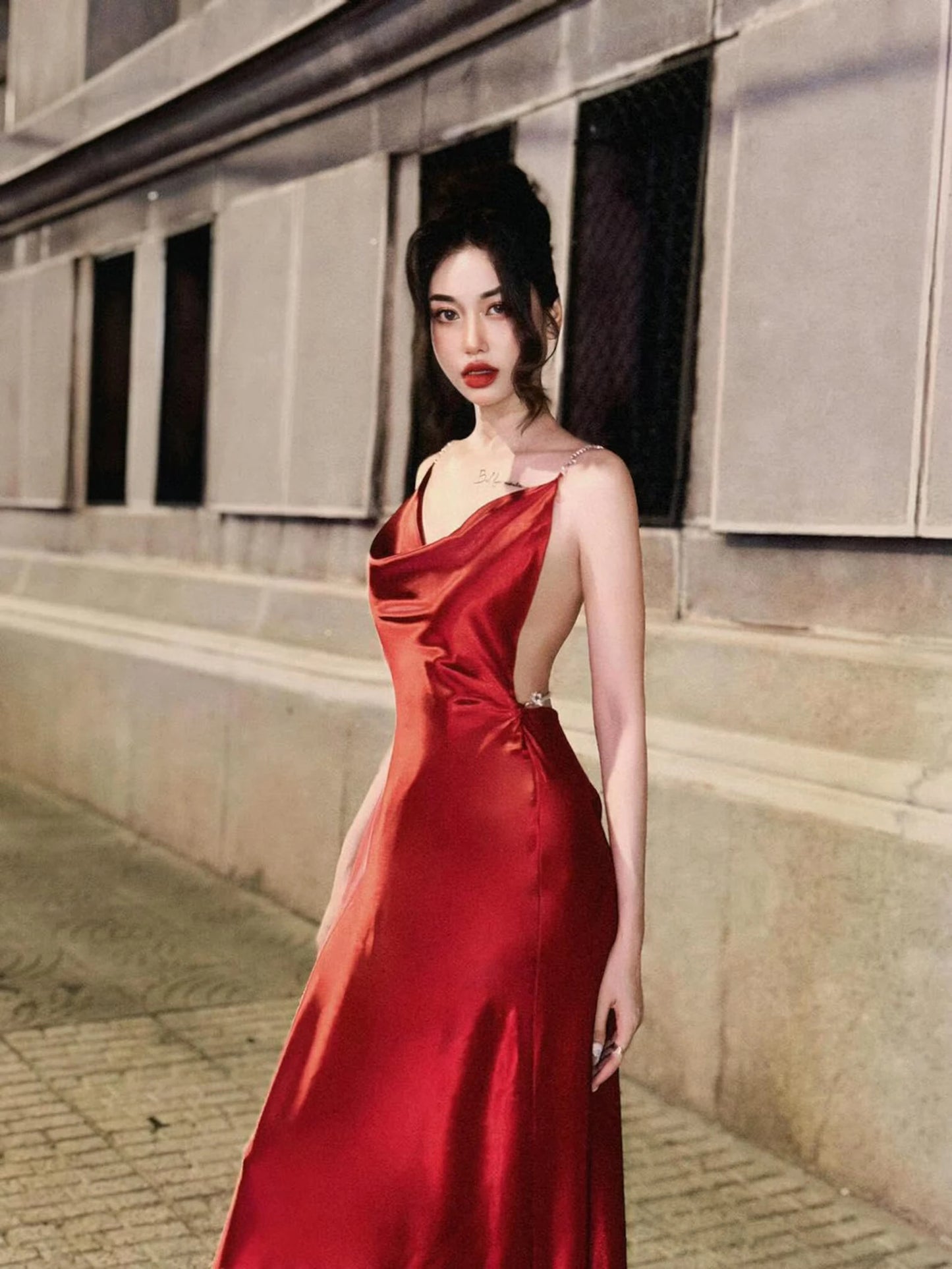 Elegant Sheath Cowl Neck Rhinestone-Strap Ruby Red Floor-Length Prom Dresses