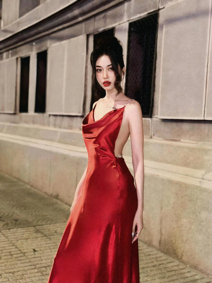 Elegant Sheath Cowl Neck Rhinestone-Strap Ruby Red Floor-Length Prom Dresses