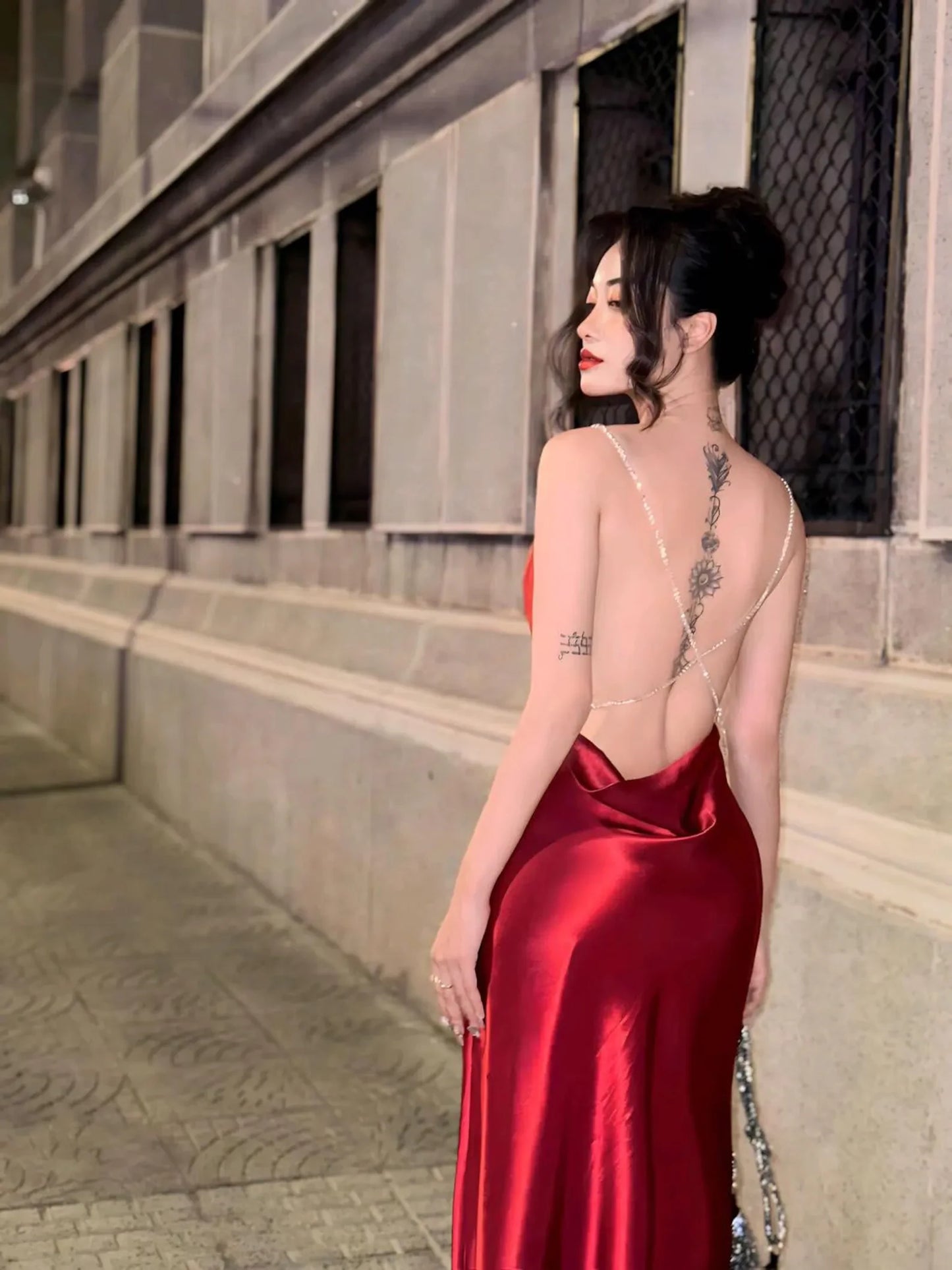 Elegant Sheath Cowl Neck Rhinestone-Strap Ruby Red Floor-Length Prom Dresses
