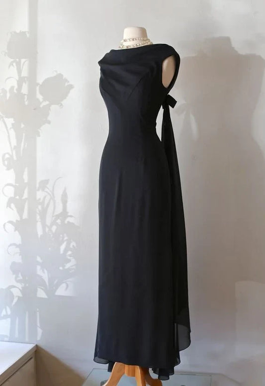 Elegant Sheath Cowl Neck Sleeveless Draped Bow Black Floor-Length Evening Gown