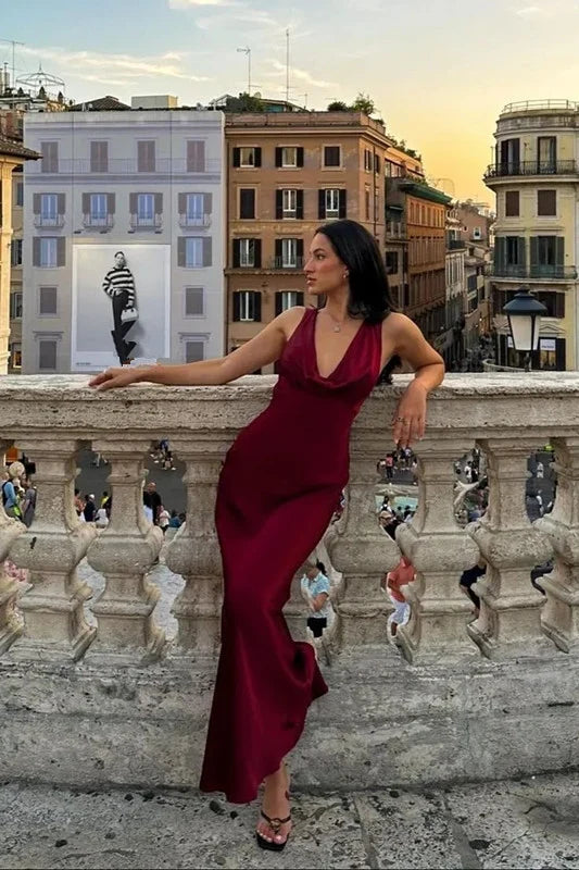 Elegant Sheath Cowl Neck Sleeveless Draped Burgundy Floor-Length Evening Dress