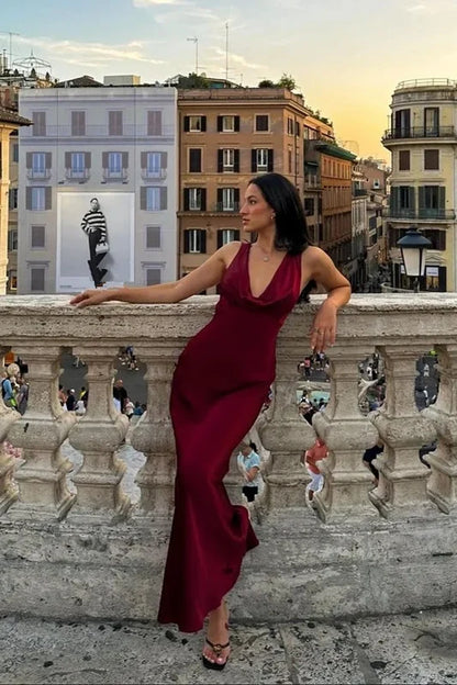 Elegant Sheath Cowl Neck Sleeveless Draped Burgundy Floor-Length Evening Dress