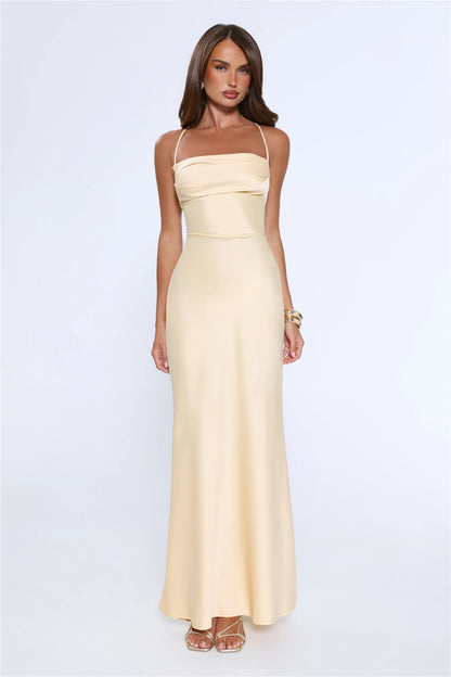 Elegant Sheath Cowl Neck Spaghetti Straps Backless Satin Pale Yellow Floor-Length Prom Dress