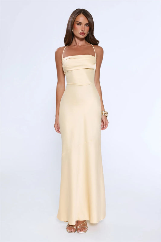 Elegant Sheath Cowl Neck Spaghetti Straps Backless Satin Pale Yellow Floor-Length Prom Dress