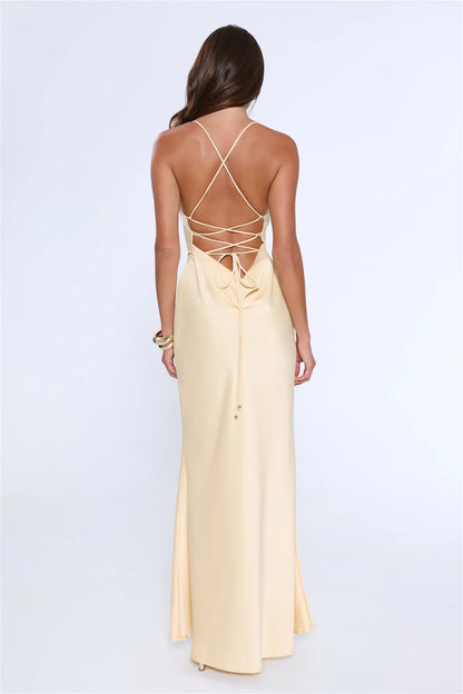 Elegant Sheath Cowl Neck Spaghetti Straps Backless Satin Pale Yellow Floor-Length Prom Dress