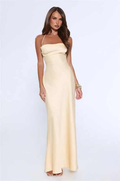 Elegant Sheath Cowl Neck Spaghetti Straps Backless Satin Pale Yellow Floor-Length Prom Dress