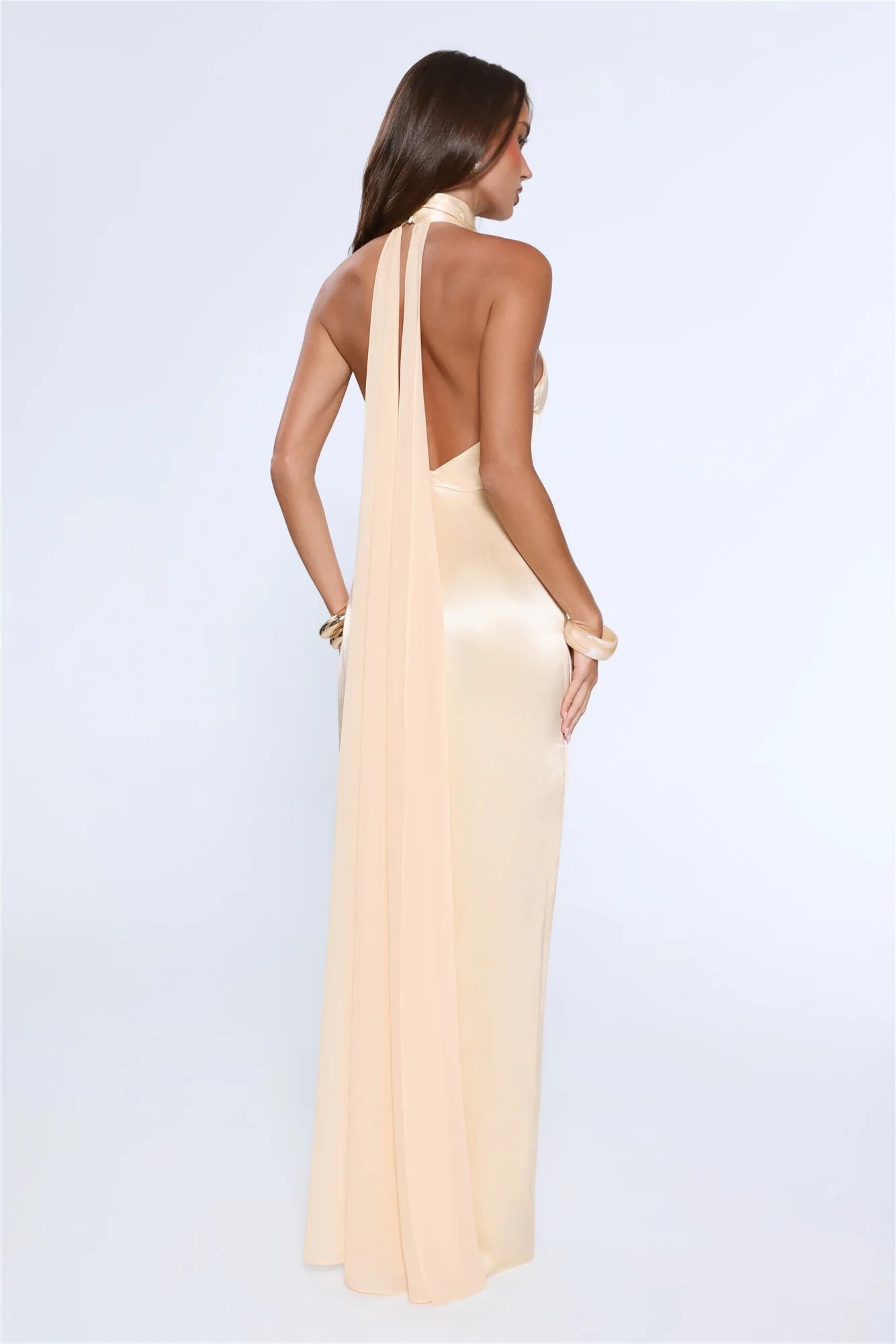 Elegant Sheath Halter Backless Slit Satin Light Yellow Floor-Length Prom Dress With Streamer