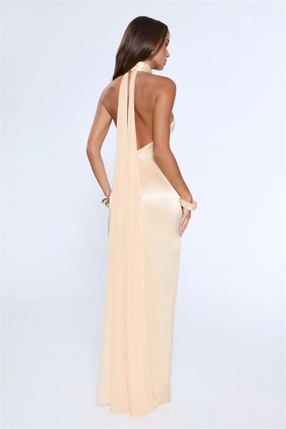 Elegant Sheath Halter Backless Slit Satin Light Yellow Floor-Length Prom Dress With Streamer