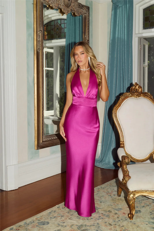 Elegant Sheath Halter Deep-V Backless Ruched Satin Fuchsia Floor-Length Prom Dress