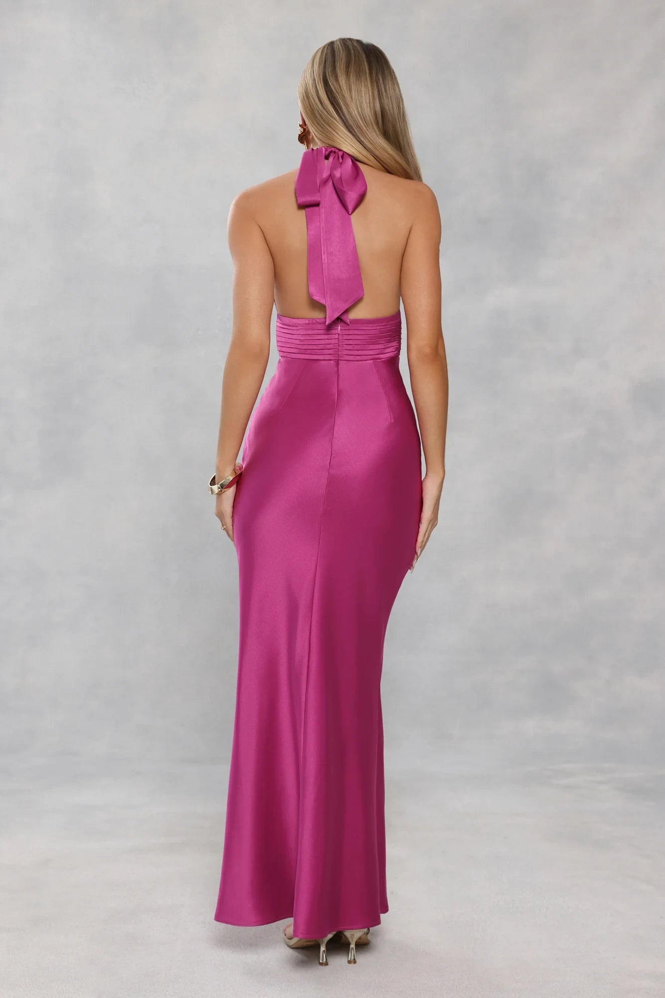 Elegant Sheath Halter Deep-V Backless Ruched Satin Fuchsia Floor-Length Prom Dress