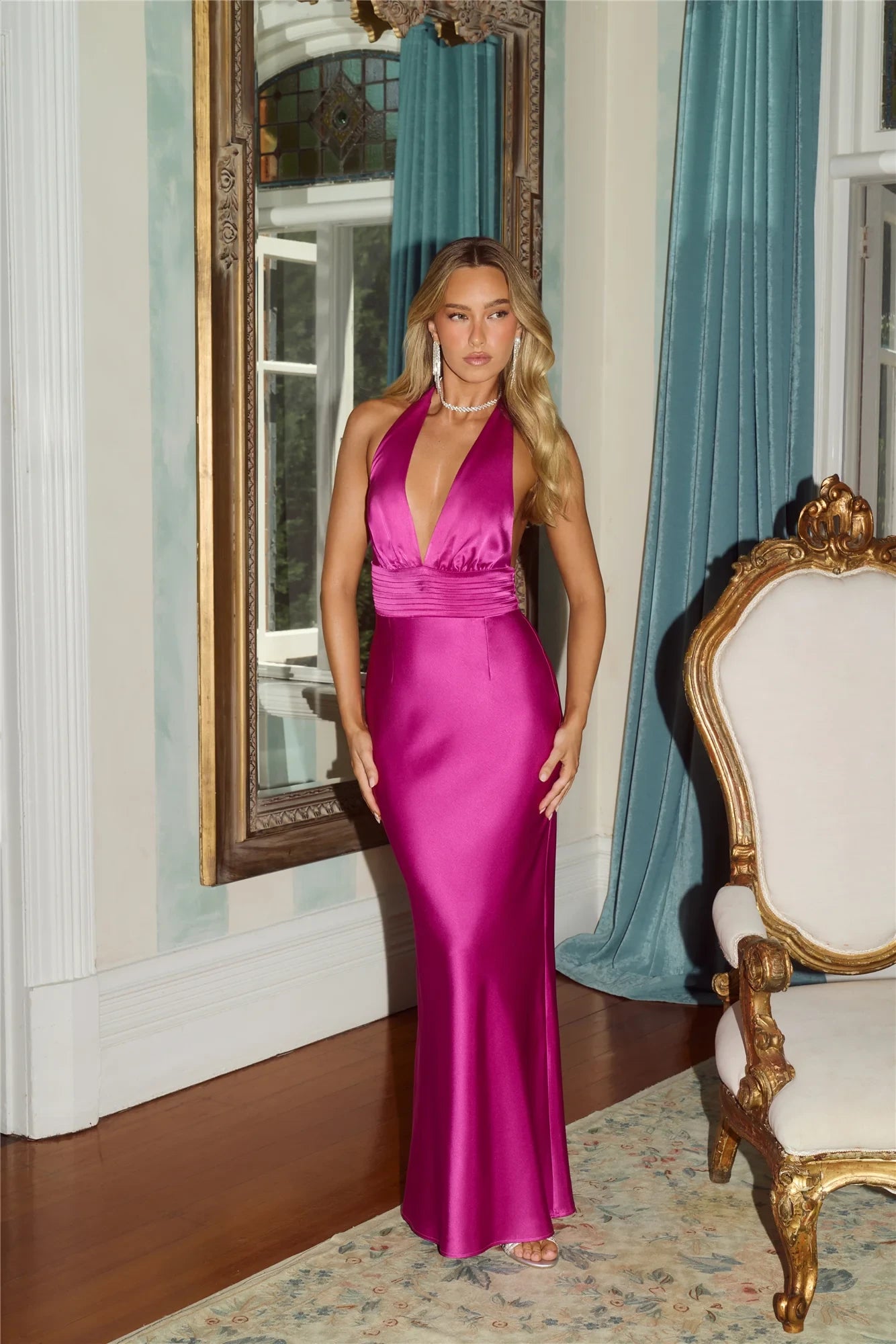 Elegant Sheath Halter Deep-V Backless Ruched Satin Fuchsia Floor-Length Prom Dress