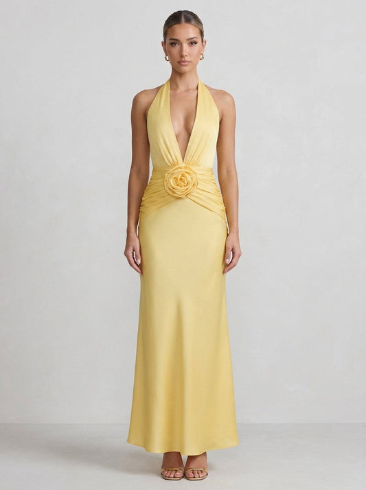 Elegant Sheath Halter Deep-V Floral-Waist Backless Satin Yellow Floor-Length Prom Dress