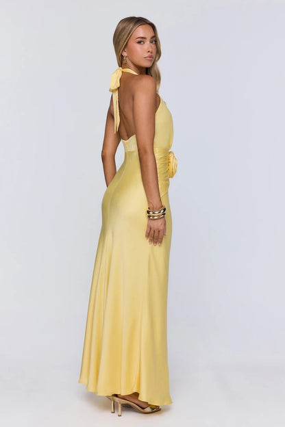 Elegant Sheath Halter Deep-V Floral-Waist Backless Satin Yellow Floor-Length Prom Dress