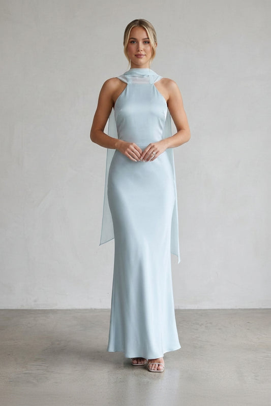 Elegant Sheath Halter Draped Open Back Satin Light Blue Floor-Length Prom Dress