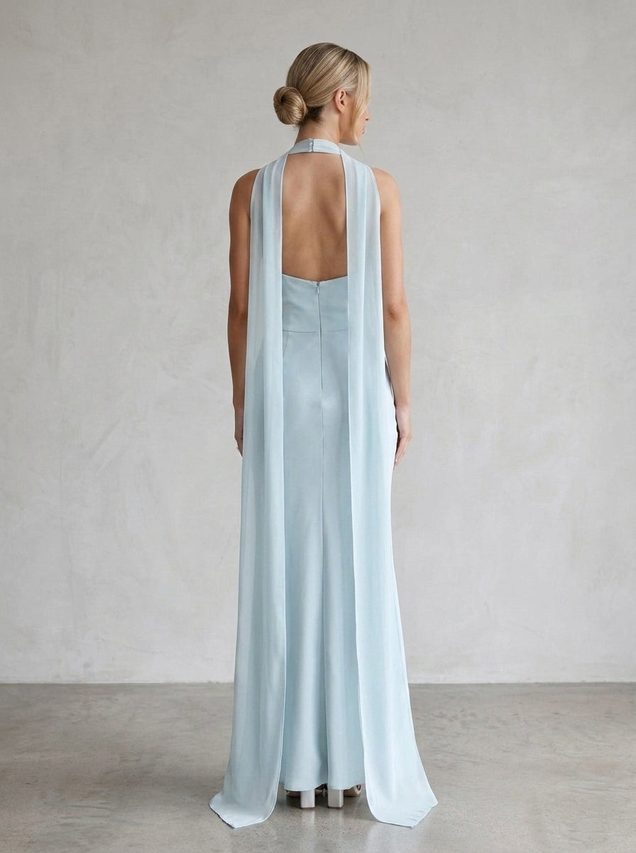 Elegant Sheath Halter Draped Open Back Satin Light Blue Floor-Length Prom Dress