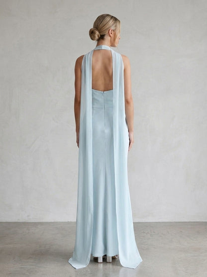 Elegant Sheath Halter Draped Open Back Satin Light Blue Floor-Length Prom Dress