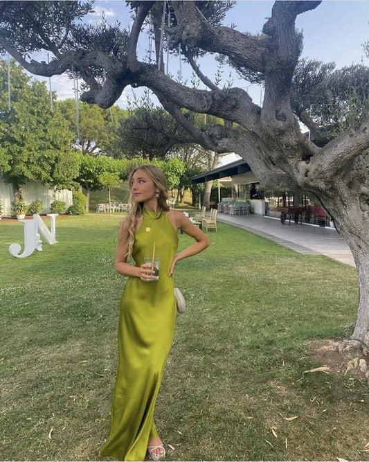 Elegant Sheath Halter Sleeveless Flowy Olive Green Floor-Length Evening Gown