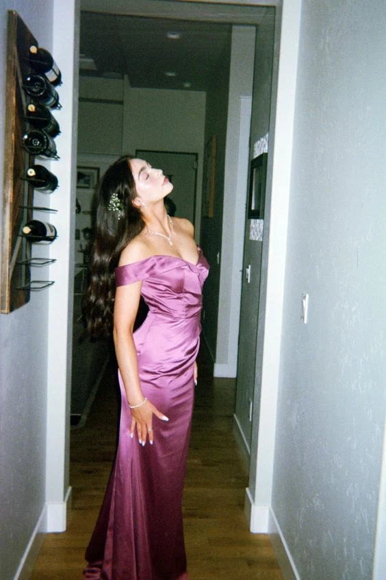 Elegant Sheath Off-Shoulder Draped Plum Floor-Length Evening Gown