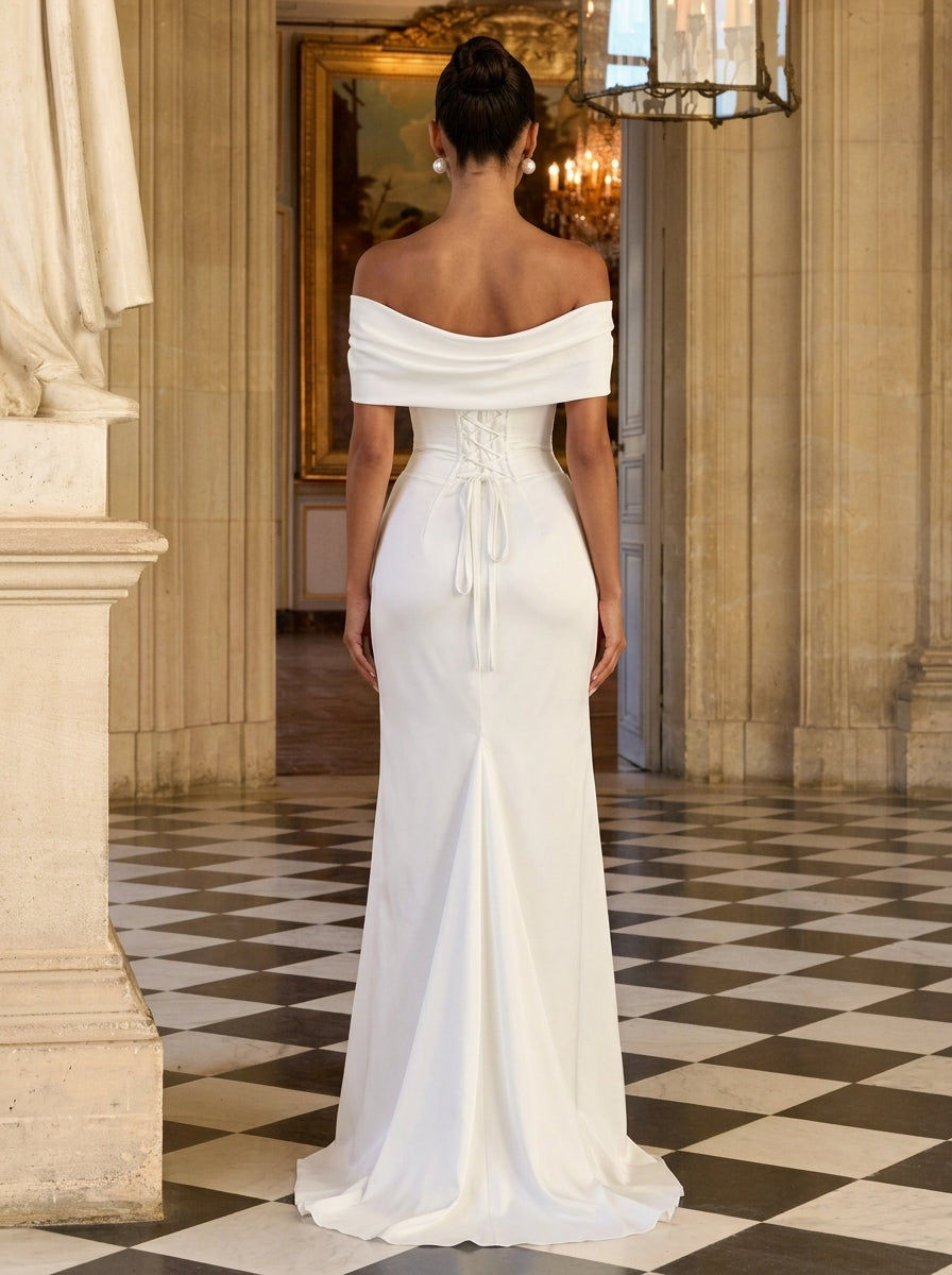 Elegant Sheath Off-Shoulder High Slit Draped Satin Ivory Floor-Length Prom Dress