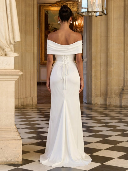 Elegant Sheath Off-Shoulder High Slit Draped Satin Ivory Floor-Length Prom Dress