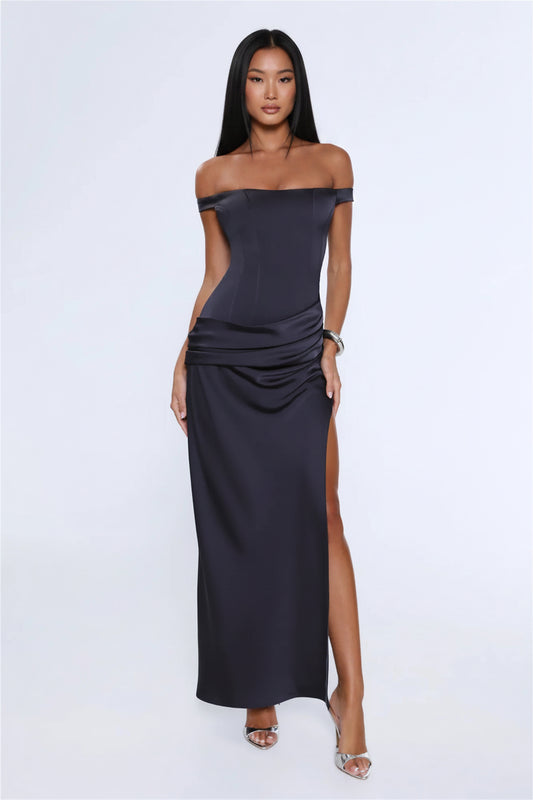 Elegant Sheath Off-Shoulder Ruched Slit Charcoal Grey Floor-Length Prom Dress
