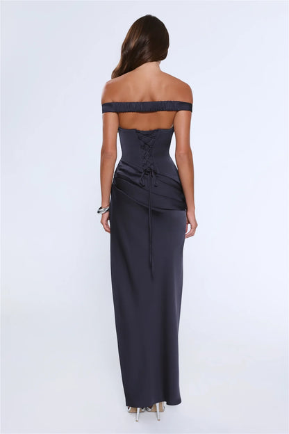 Elegant Sheath Off-Shoulder Ruched Slit Charcoal Grey Floor-Length Prom Dress
