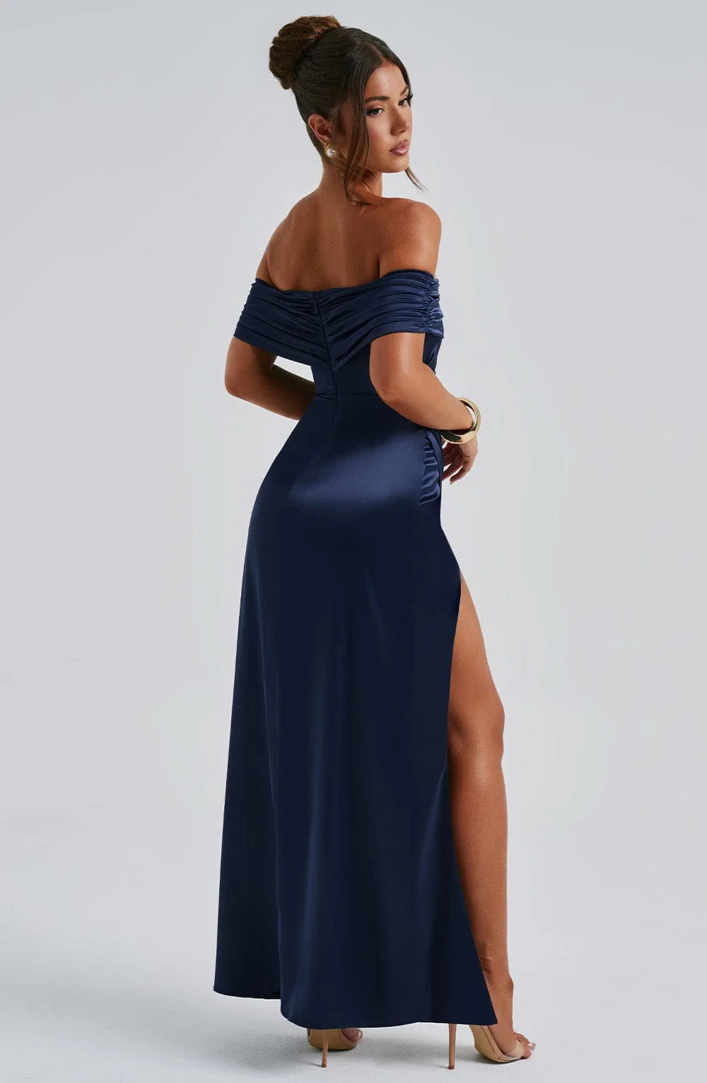 Elegant Sheath Off-Shoulder Ruched Slit Satin Navy Floor-Length Prom Dress