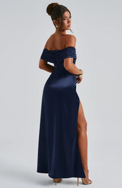 Elegant Sheath Off-Shoulder Ruched Slit Satin Navy Floor-Length Prom Dress
