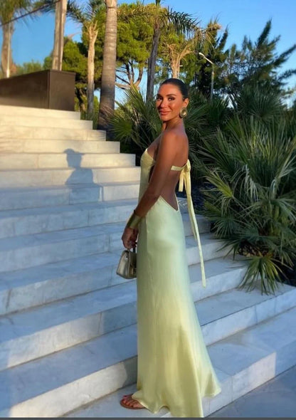 Elegant Sheath One-Shoulder Backless Flowy Pale Lime Green Floor-Length Evening Dress Women's Gown