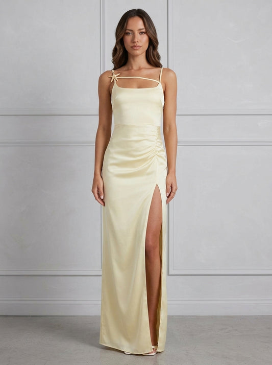 Elegant Sheath Spaghetti Strap Starfish High Slit Satin Pale Yellow Floor-Length Prom Dress
