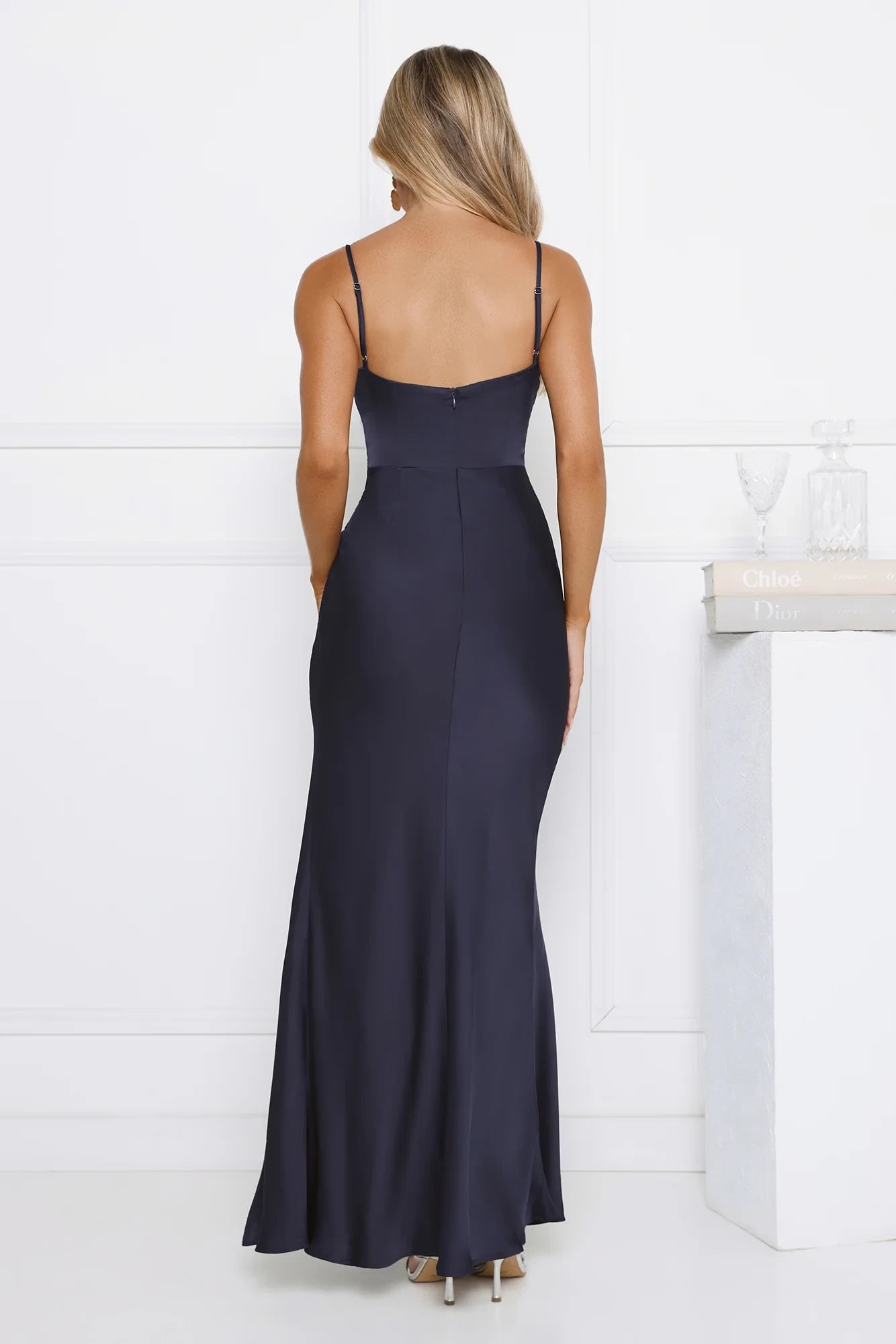 Elegant Sheath Spaghetti Straps Ruched Slit Satin Navy Floor-Length Prom Dress