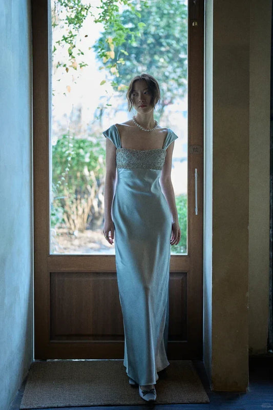 Elegant Sheath Square Neck Cap Sleeve Beaded Light Blue Floor Evening Gown