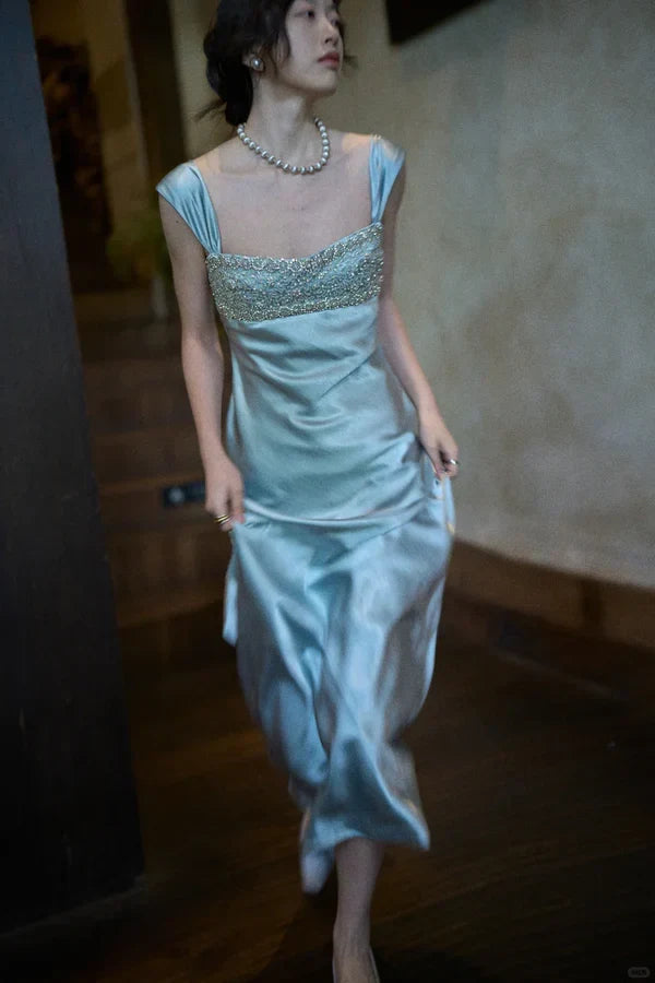 Elegant Sheath Square Neck Cap Sleeve Beaded Light Blue Floor Evening Gown