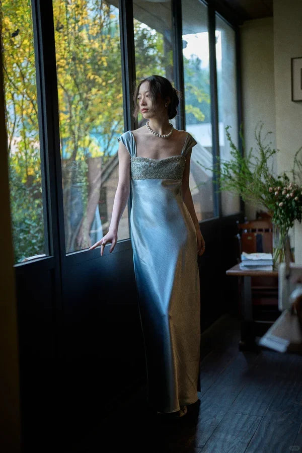 Elegant Sheath Square Neck Cap Sleeve Beaded Light Blue Floor Evening Gown