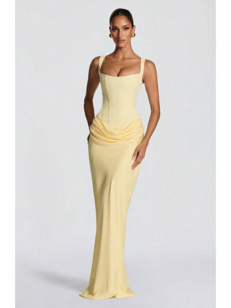 Elegant Sheath Square Neck Corset Draped Pastel Yellow Floor-Length Prom Dresses