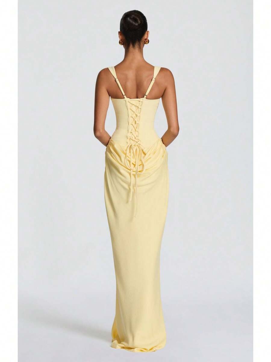 Elegant Sheath Square Neck Corset Draped Pastel Yellow Floor-Length Prom Dresses