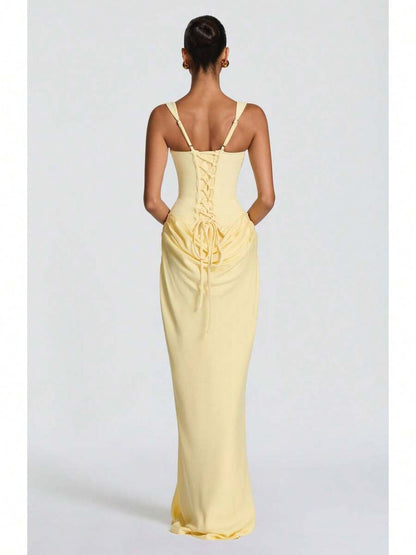 Elegant Sheath Square Neck Corset Draped Pastel Yellow Floor-Length Prom Dresses