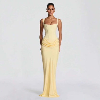 Elegant Sheath Square Neck Corset Draped Pastel Yellow Floor-Length Prom Dresses
