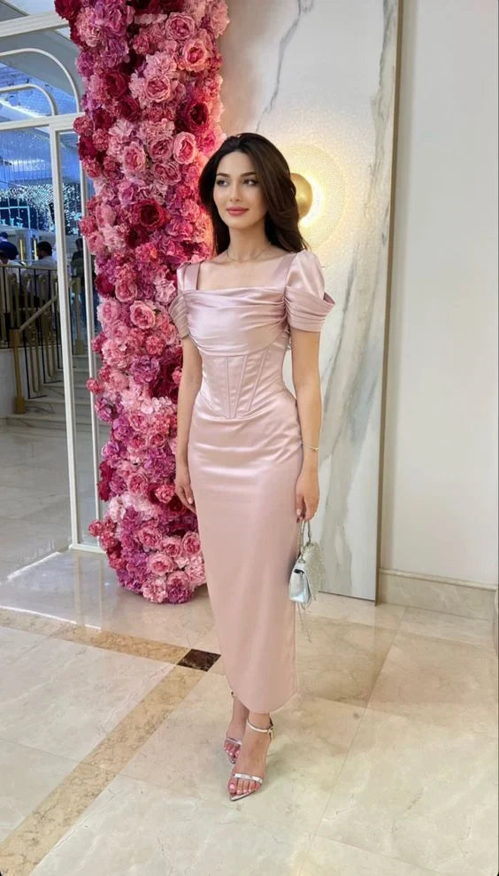 Elegant Sheath Square Neck Short Sleeve Corset Blush Midi Evening Dress
