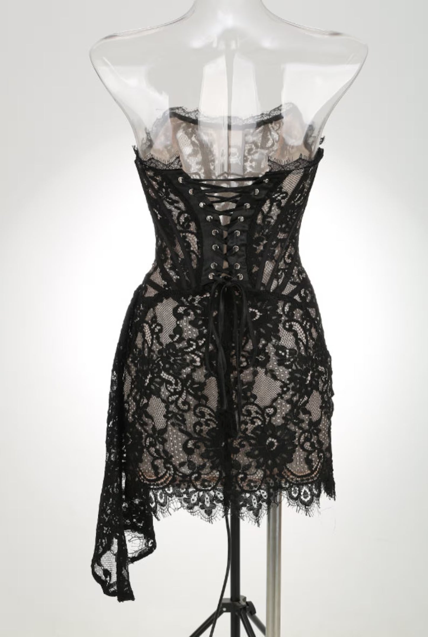 Elegant Sheath Strapless Corset Ruched Draped Lace Black Mini Homecoming Dress
