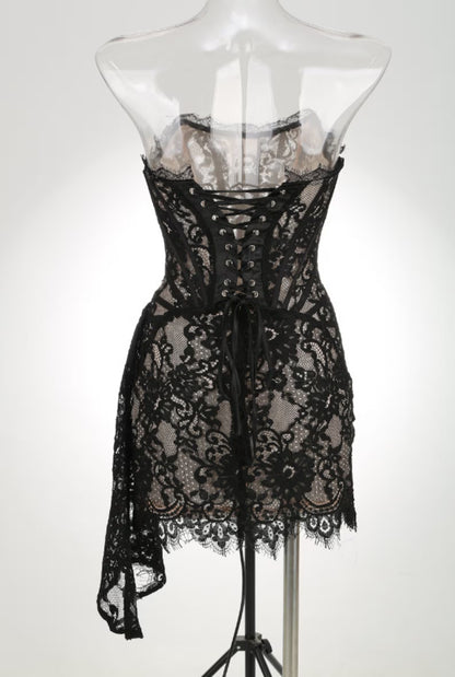 Elegant Sheath Strapless Corset Ruched Draped Lace Black Mini Homecoming Dress