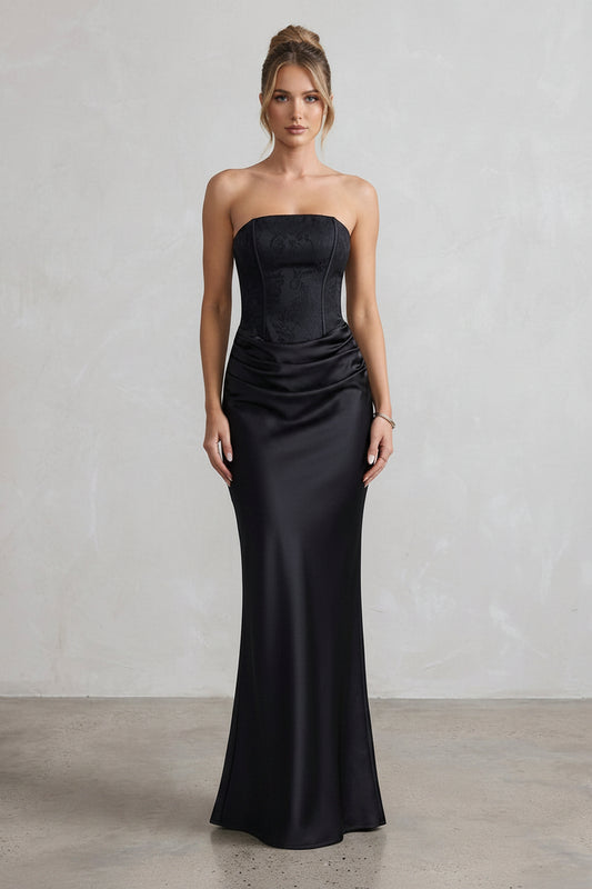 Elegant Sheath Strapless Corset Ruched Draped Satin Black Floor-Length Prom Dress