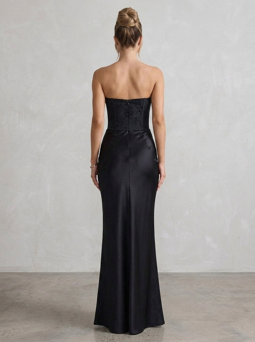 Elegant Sheath Strapless Corset Ruched Draped Satin Black Floor-Length Prom Dress
